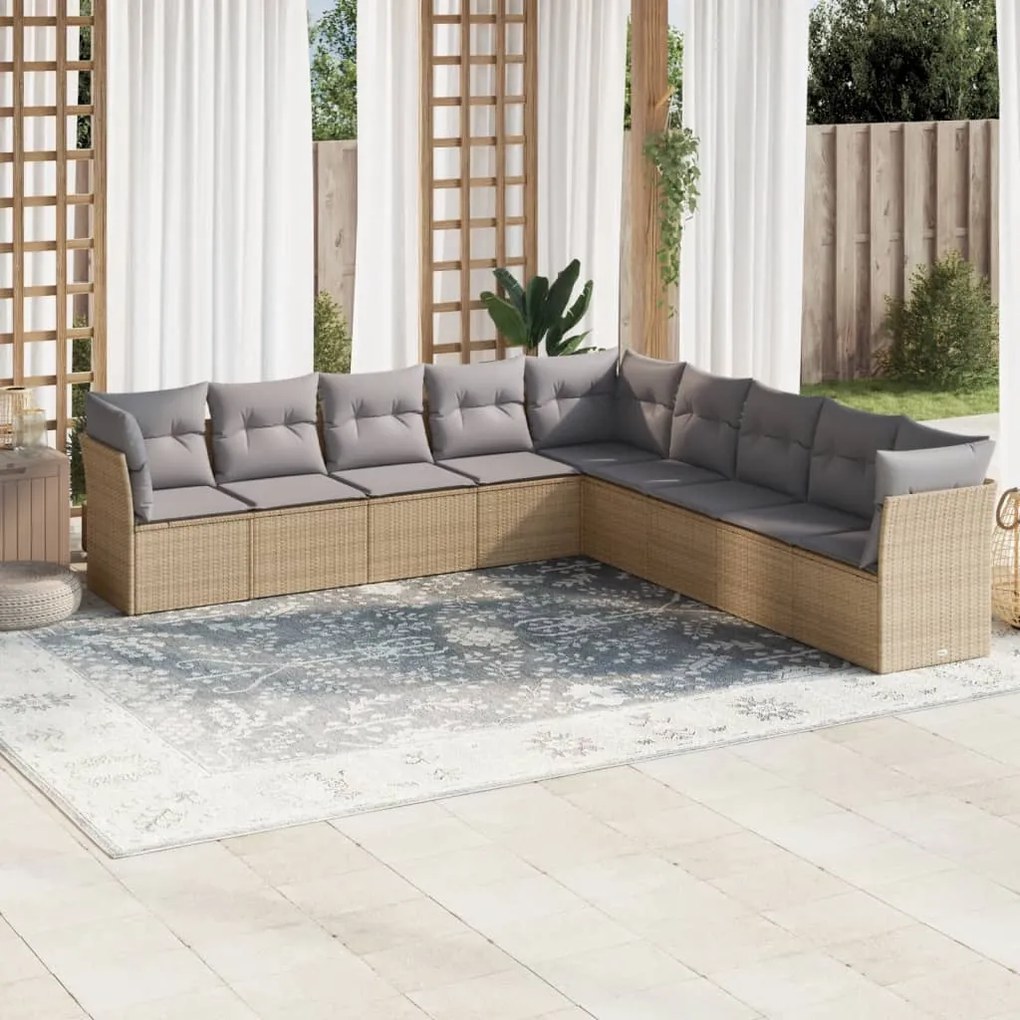 Set Divano da Giardino 9 pz con Cuscini Beige in Polyrattan