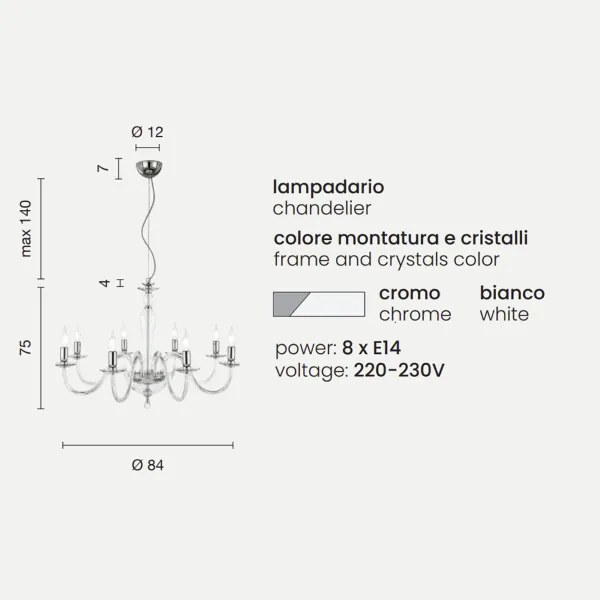Lampada a sospensione D84 cm PAGANINI a 8 LUCI in vetro lavorato a mano BIANCO