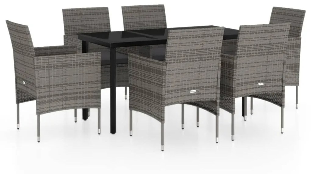 Set da pranzo da giardino 7 pz con cuscini grigio e nero