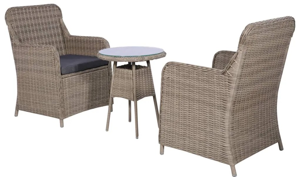 Set da bistro 3 pz con cuscini in polyrattan marrone