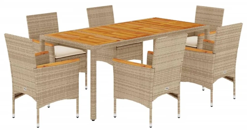 Set pranzo da giardino 7 pz con cuscini beige polyrattan acacia