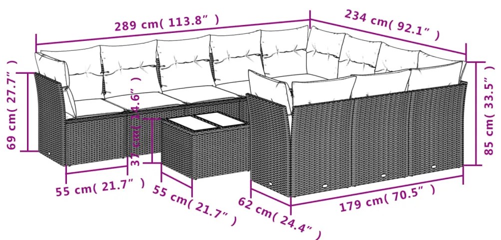 Set divani da giardino 11 pz con cuscini beige in polyrattan