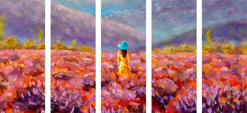 Quadri 5 pezzi – Ragazza in abito giallo nel campo di lavanda