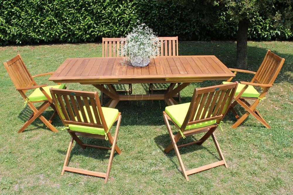 CAESAR - set tavolo in alluminio e teak cm 150/200 x 90 x 78 h con 6 sedie e 2 poltrone Dresda