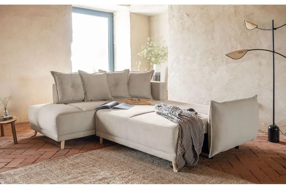 Divano letto in velluto a coste beige (angolo sinistro) Lazy Lukka - Miuform