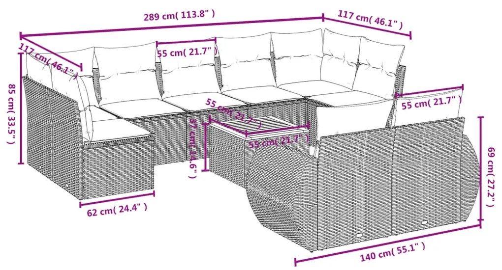 Set Divani da Giardino 10pz con Cuscini in Polyrattan Nero