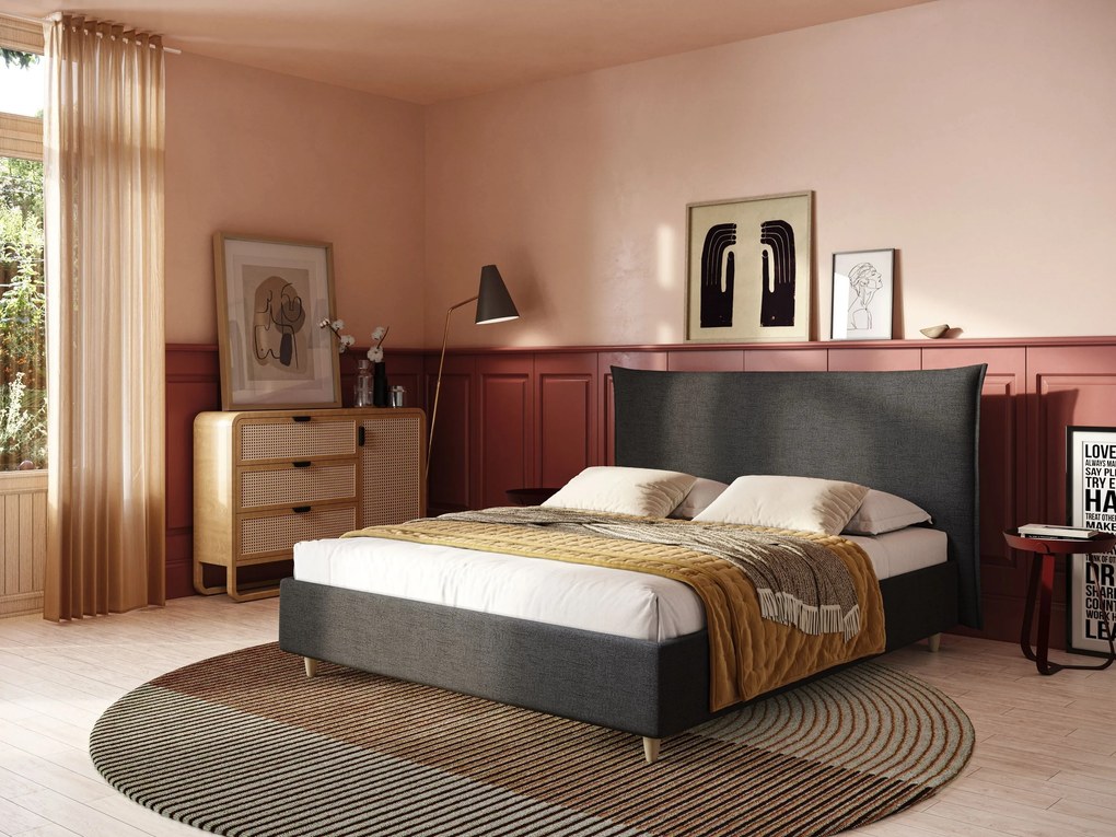 Audrey letto imbottito contenitore e sfoderabile in tessuto fiammato impermeabile T03 antracite