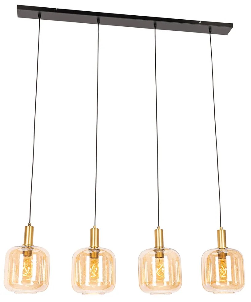 Lampada a sospensione smart nera con ottone e vetro ambrato 4 luci incl. 4 Wifi G95 - Zuzanna