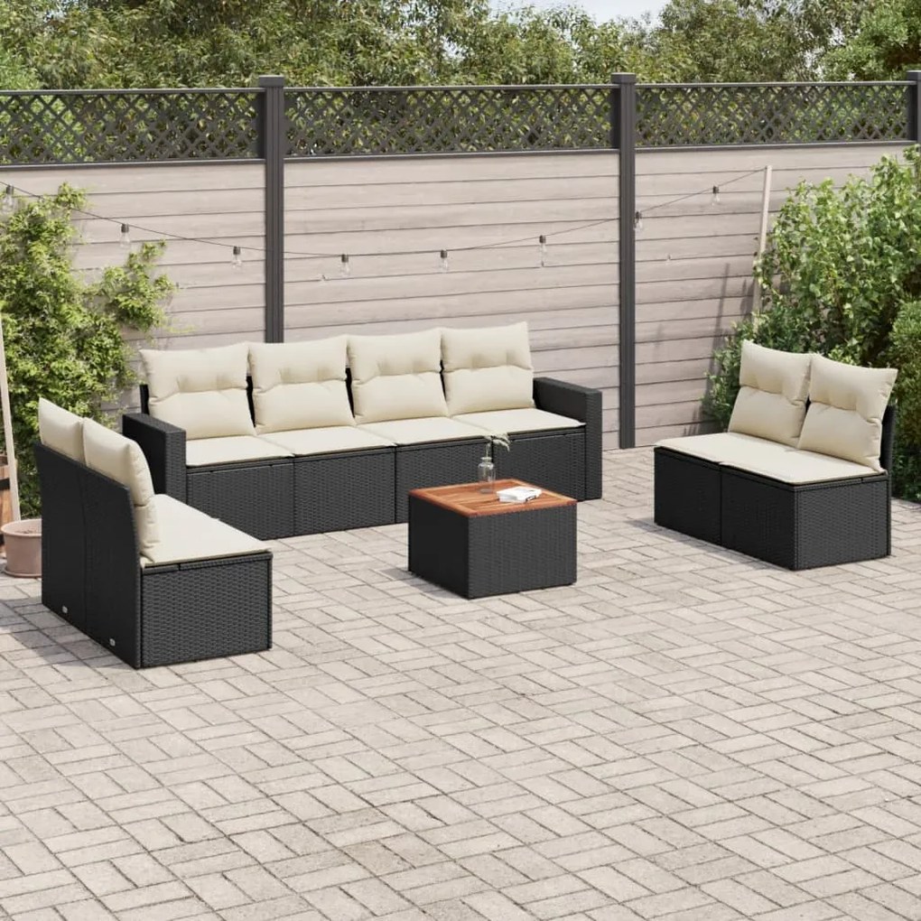 Set Divani da Giardino 9 pz con Cuscini Nero in Polyrattan