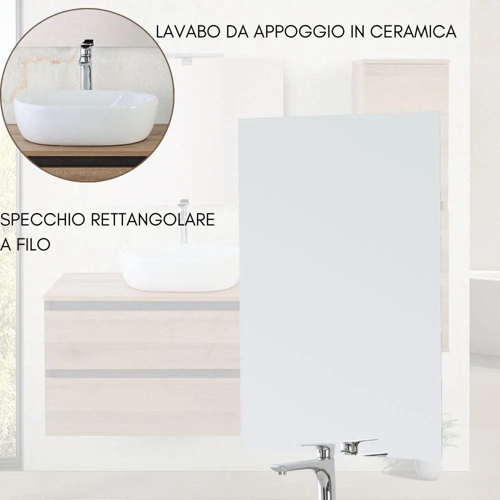 Mobile Bagno Sospeso con Lavabo da Appoggio e Specchio 2 Cassetti Salvaspazio in Legno cm 100 – Rovere di Bordeaux