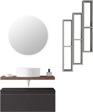 Mobile Bagno Sospeso 80 Cm Con Cassettone Antracite Mensola Rovere Lavabo E Specchio Aurora