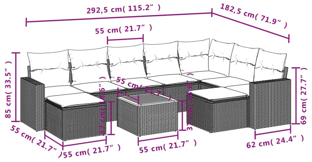 Set divano da giardino 10 pz con cuscini beige in polyrattan