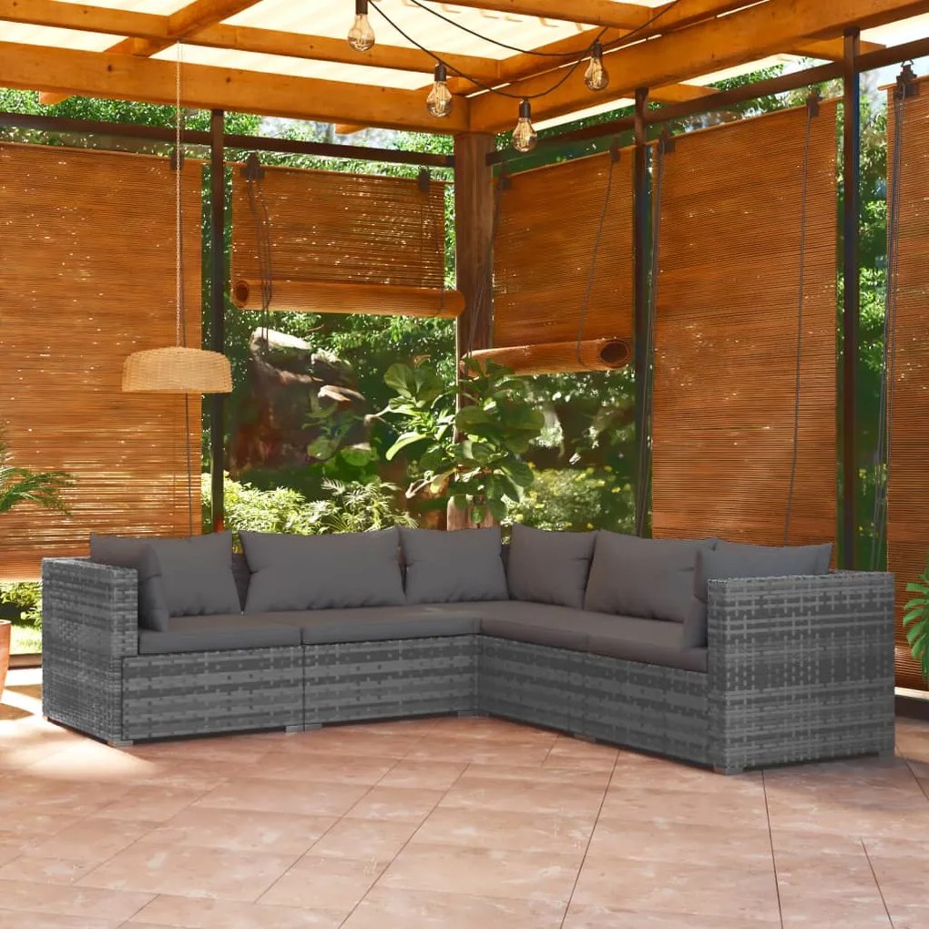 Set divani da giardino con cuscini 5 pz in polyrattan grigio