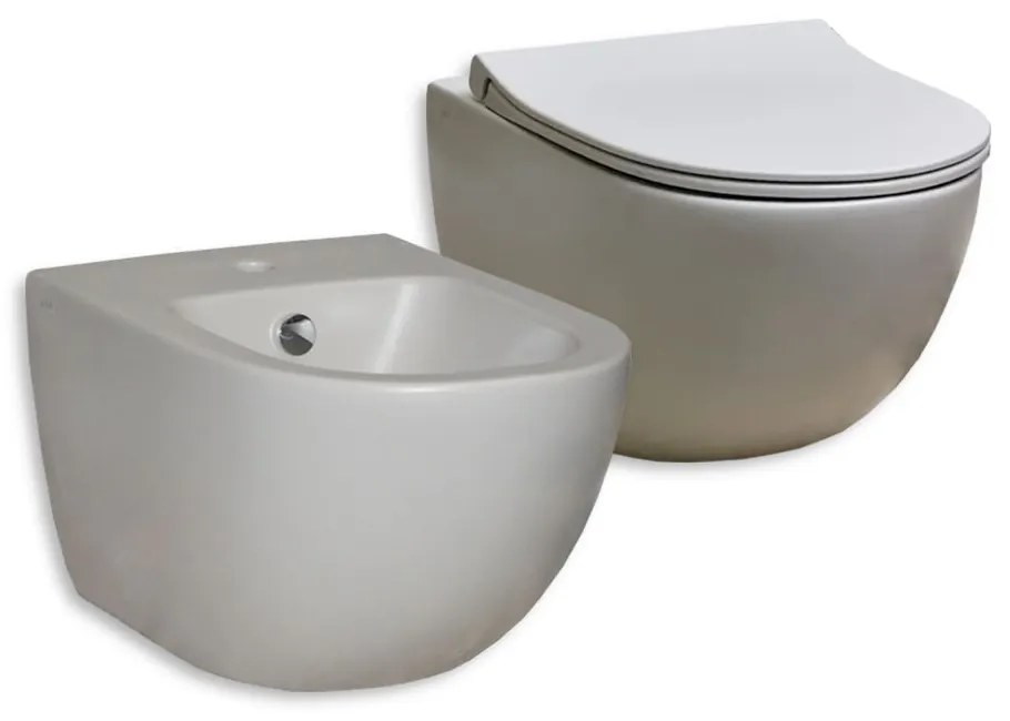 Sanitari color tortora opaco Vitra Sento wc rimless e bidet sospesi