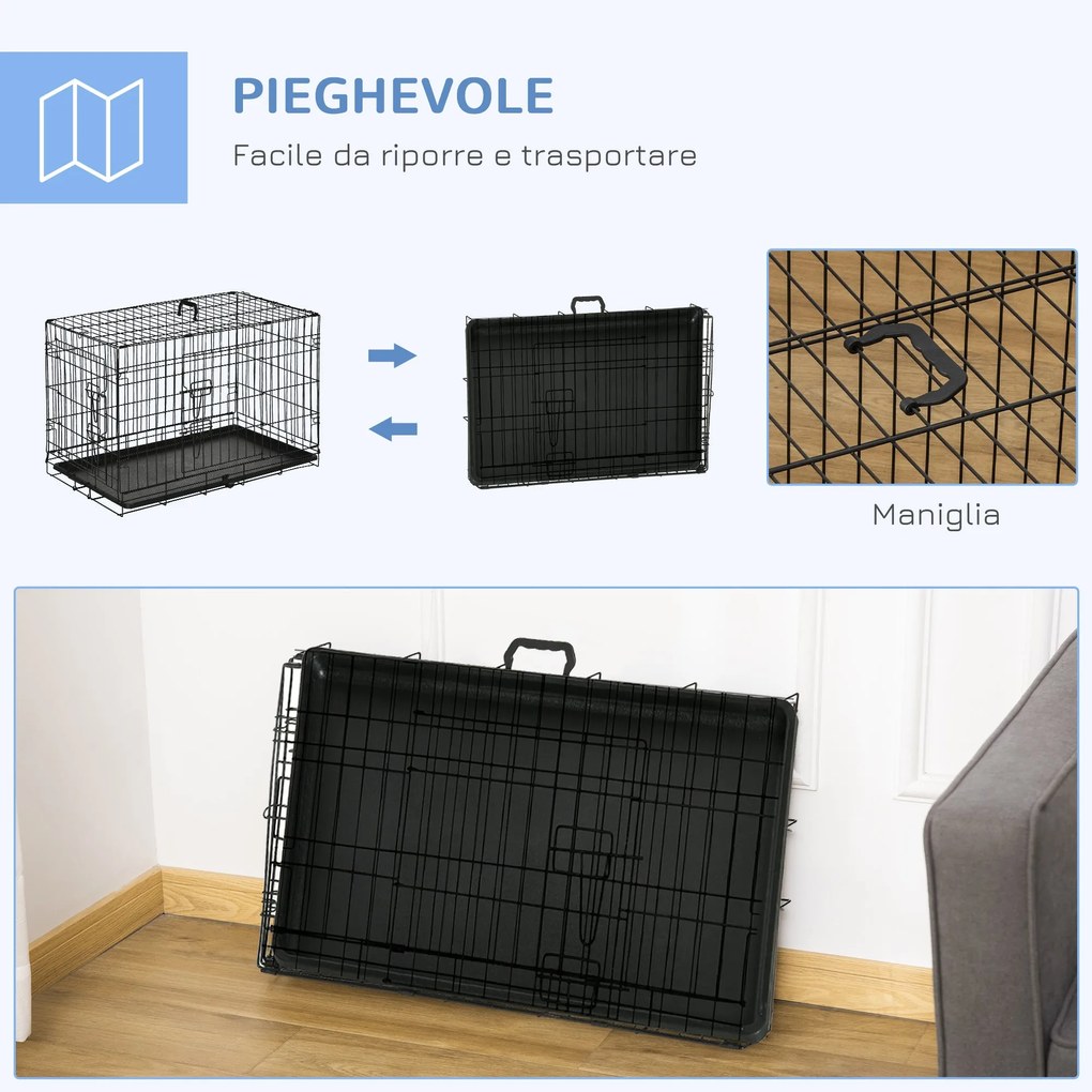 Gabbia Trasportino per Cani Gatti Pieghevole in Acciaio Doppia Apertura 76x53x57 cm Nero...