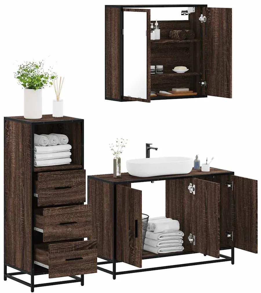 Set Mobili Da Bagno 3 Pz Rovere Marrone İn Legno Multistrato /