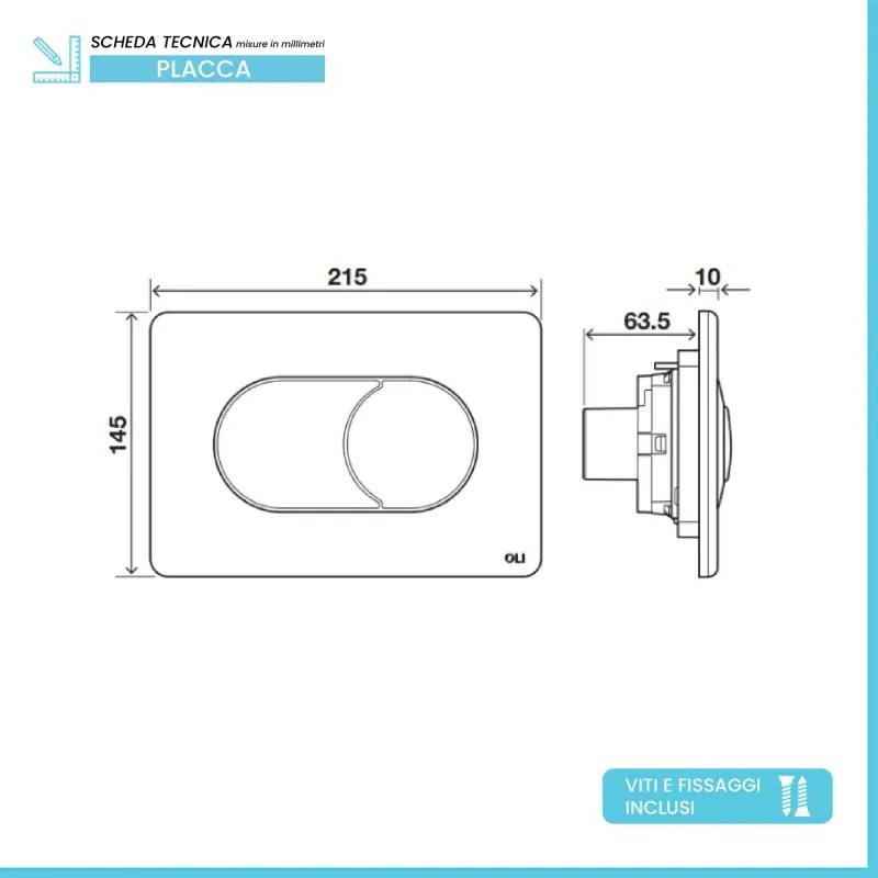 Placca di comando Oli Salina Dual cromo lucido 21,5 cm in ABS con doppio scarico ad azionamento pneumatico