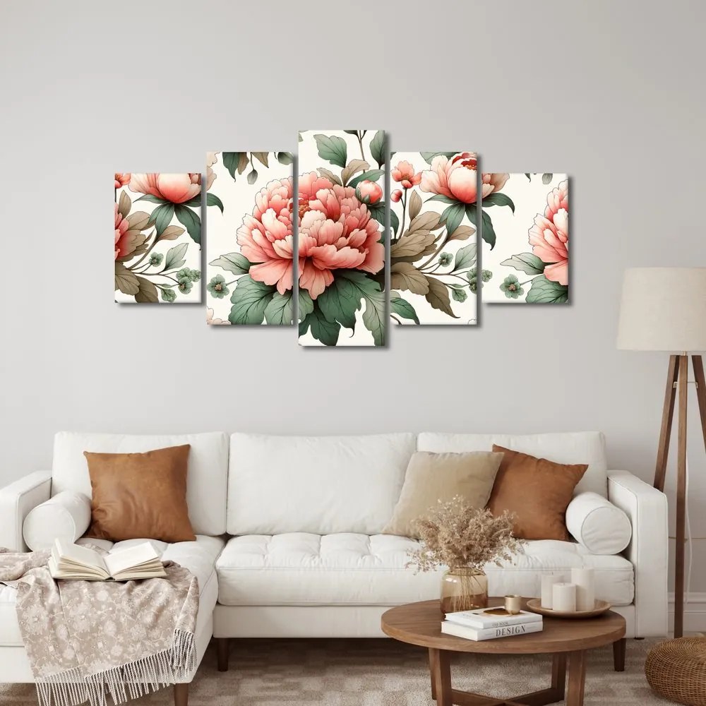 Quadri 5 pezzi – Peonie in tonalità delicate