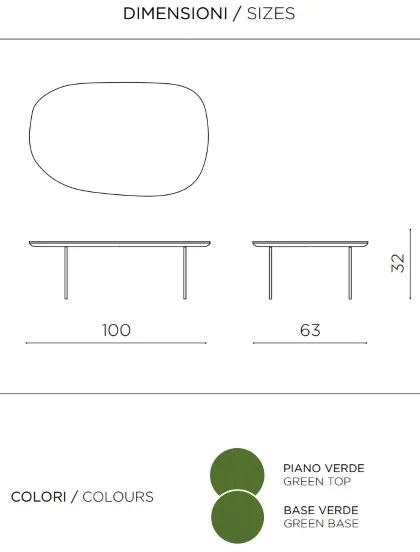 Tavolino con piano sagomato in legno Verde e base in metallo - FLUX Large