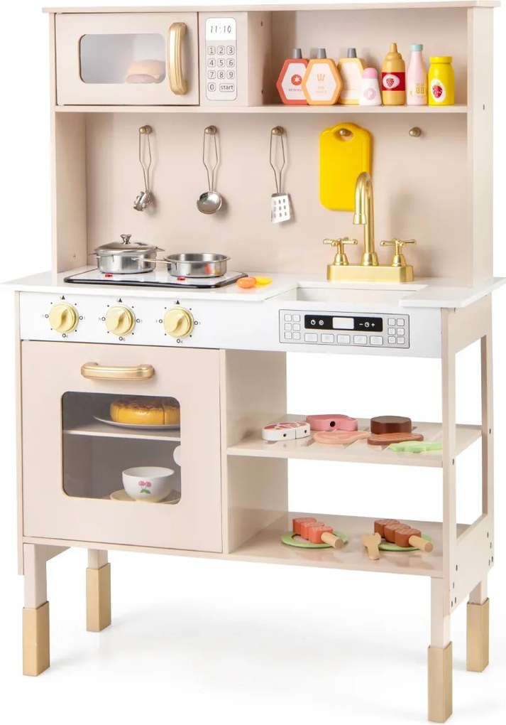 Costway Cucina da gioco regolabile in altezza set legno con luci e suoni reali, Cucina da gioco set giocattolo per bambini 3+ anni Giallo terroso