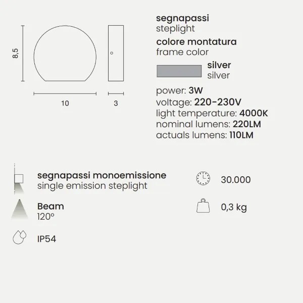 Lampada applique segnapasso SUN per esterni in alluminio 10x3 cm Silver