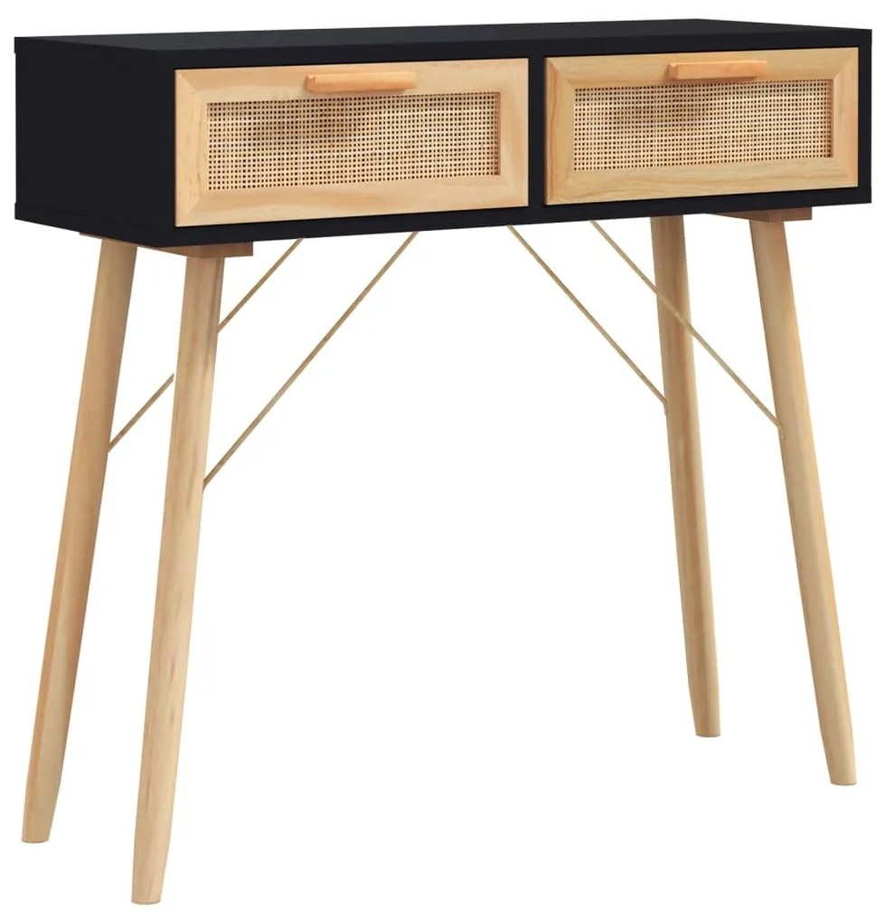 Tavolo Consolle Nero 80x30x75cm Massello Pino e Rattan Naturale