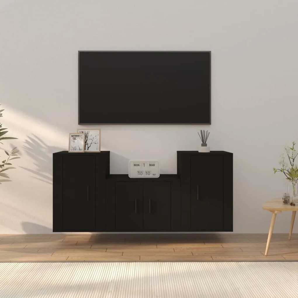 Set mobili porta tv 3 pz nero in legno multistrato