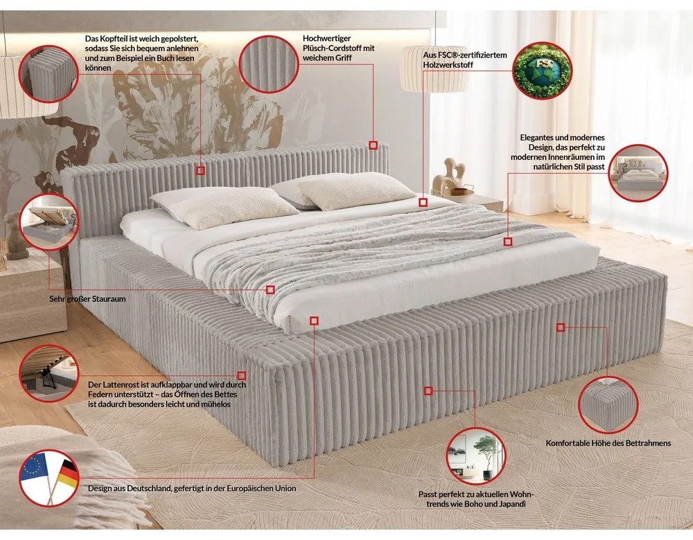 Letto matrimoniale imbottito grigio con contenitore e rete inclusi 160x200 cm Cloe – Ropez