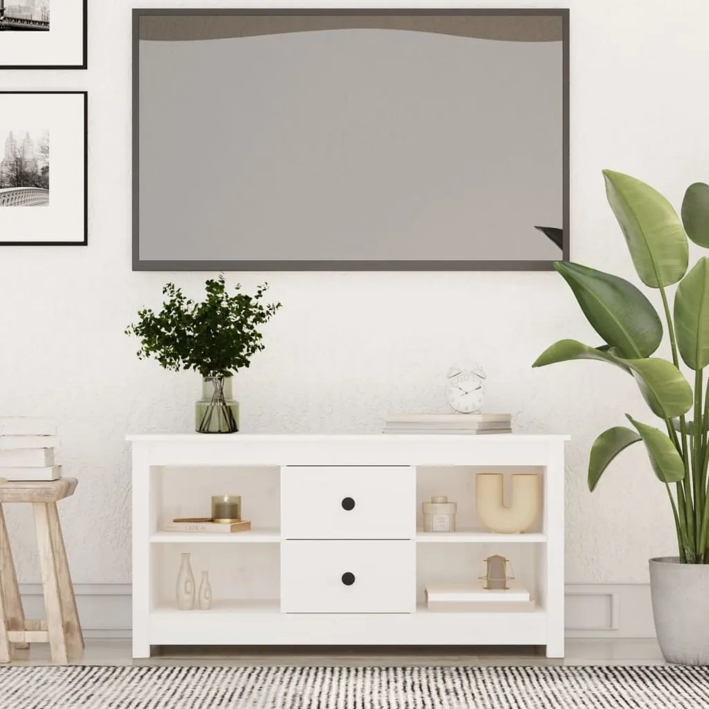 Mobile porta tv bianco 103x36,5x52 cm in legno massello di pino