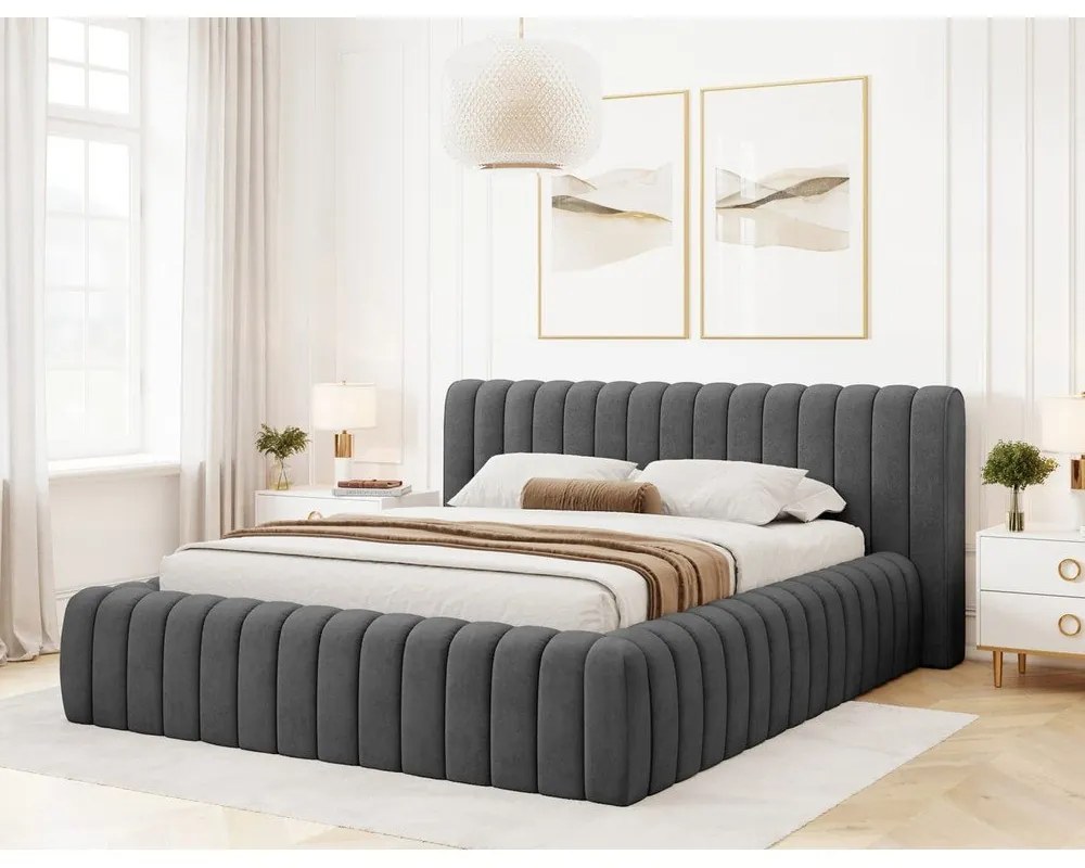 Letto matrimoniale imbottito grigio scuro con contenitore e rete inclusi 160x200 cm Carilla – ELTAP