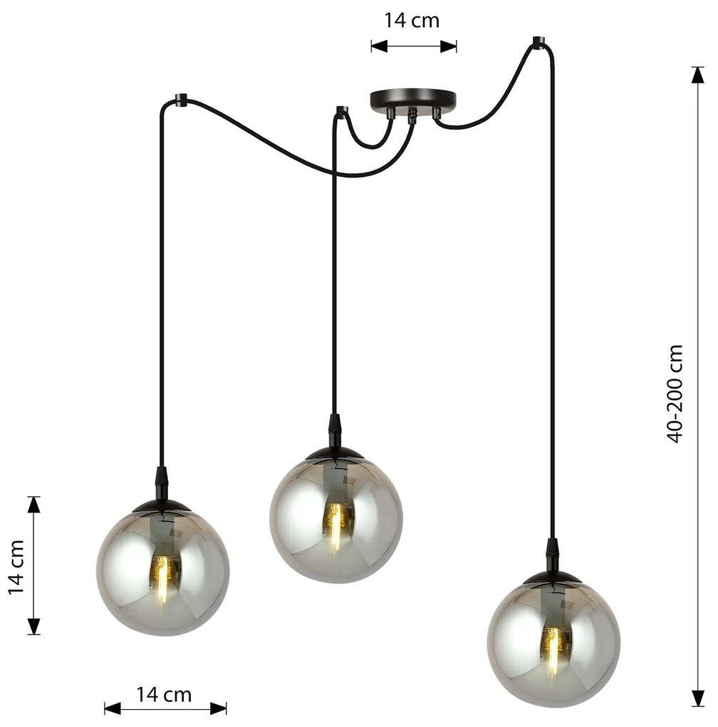 Lampadario 3 Luci Ginevra In Acciaio Nero Con Cavo Lungo E Vetri Fumè