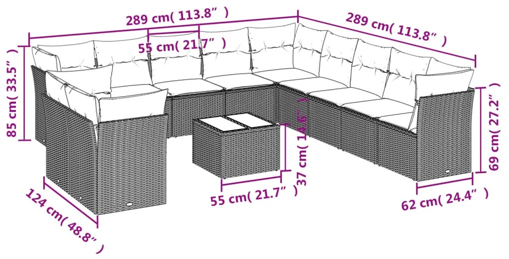 Set divani da giardino 12 pz con cuscini beige in polyrattan