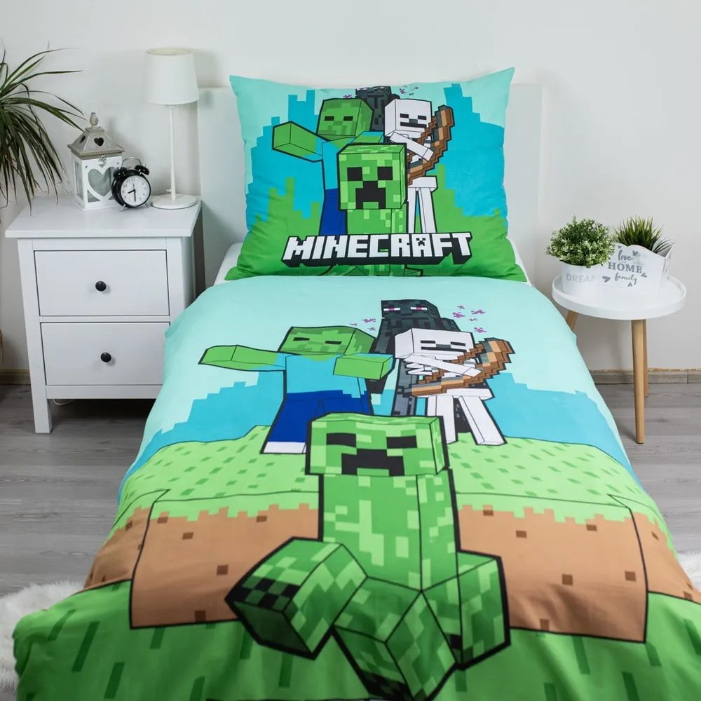 Set copripiumino e federa da bambini verde/blu in cotone per letto singolo 140x200 cm Minecraft "Mobs Here" – Jerry Fabrics