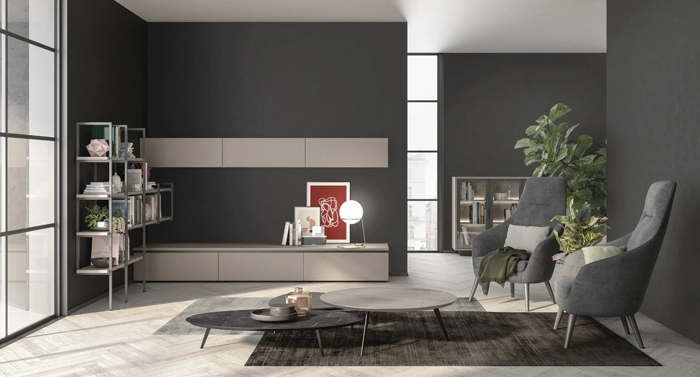 Parete attrezzata con maniglie a gola e libreria con montanti disponibile in vari colori