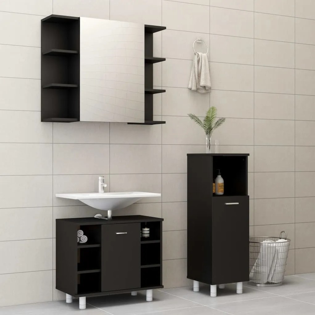 Set Mobili Da Bagno 3 Pz Nero İn Truciolato /