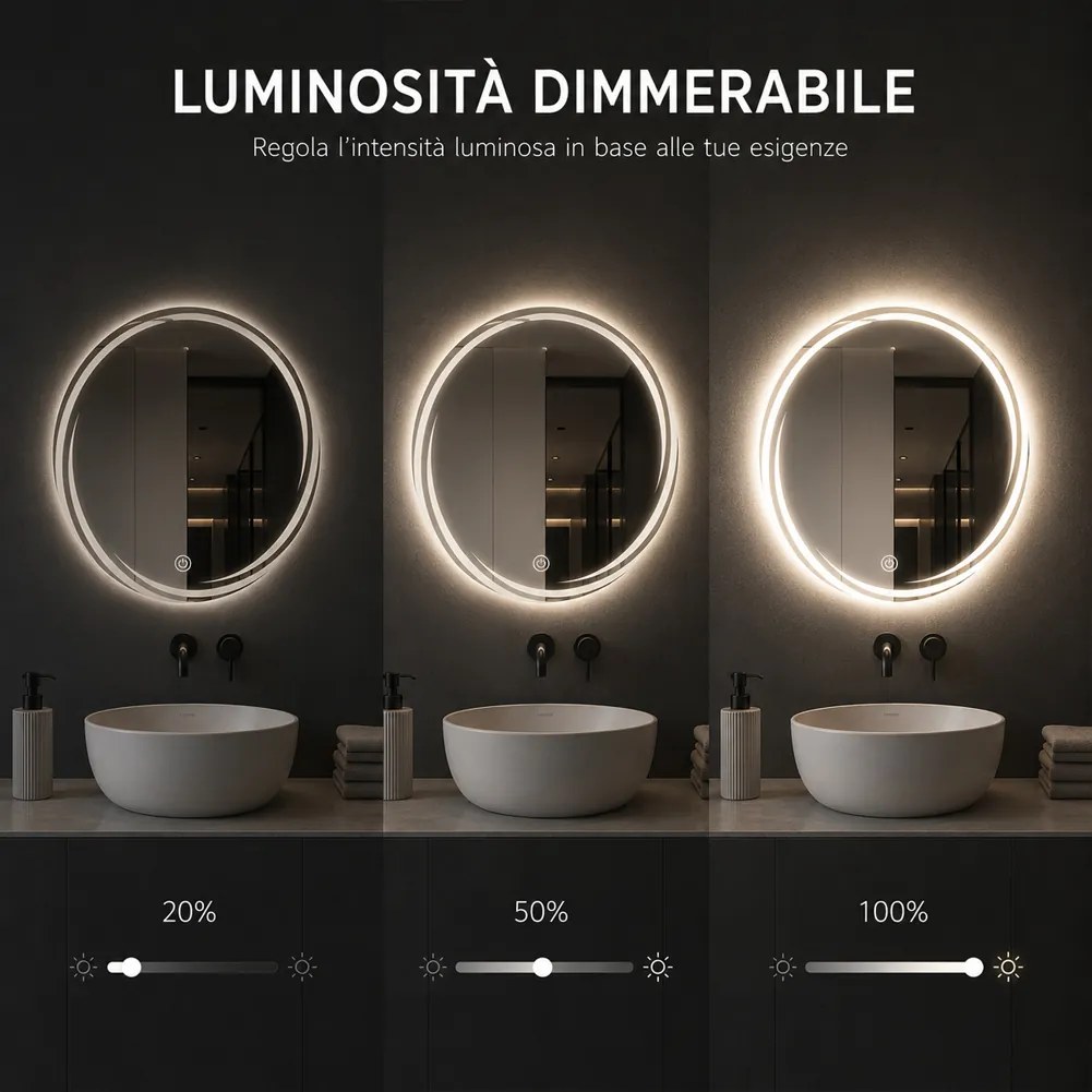 Specchio Rotondo Ø60cm con Spirale LED a 3 Colori Dimmerabile Accensione Touch...