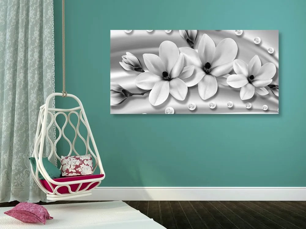 Stampa su tela – Magnolia di lusso con perle in bianco e nero