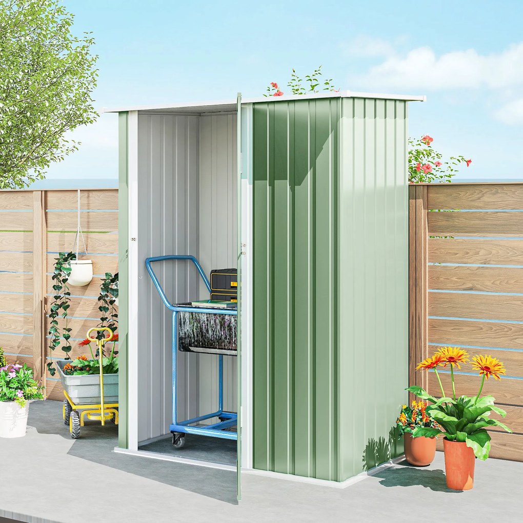 Capanno Porta Attrezzi 142x86x189 cm con Tetto Inclinato e Porta Bloccabile in Metallo Verde Chiaro...