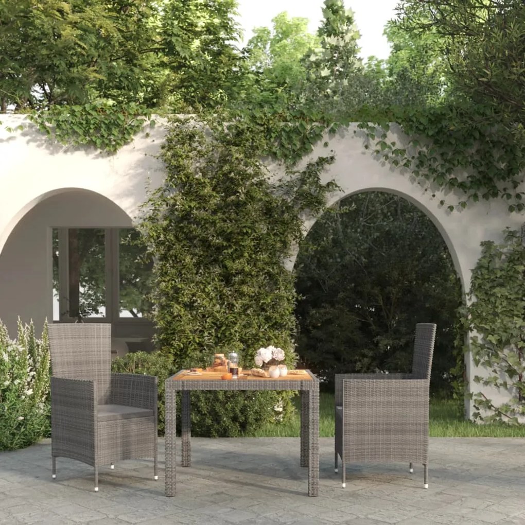 Set da pranzo per esterni 3 pz con cuscini in polyrattan grigio