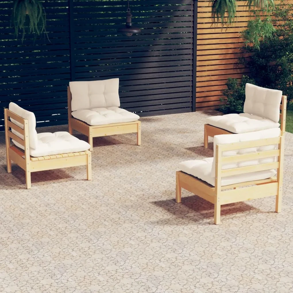Set divani da giardino 4 pz con cuscini crema in massello di pino