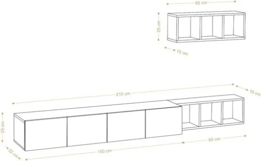 Mobile Porta TV Sospeso 215 Cm Bianco Con Mensole Effetto Legno Pia