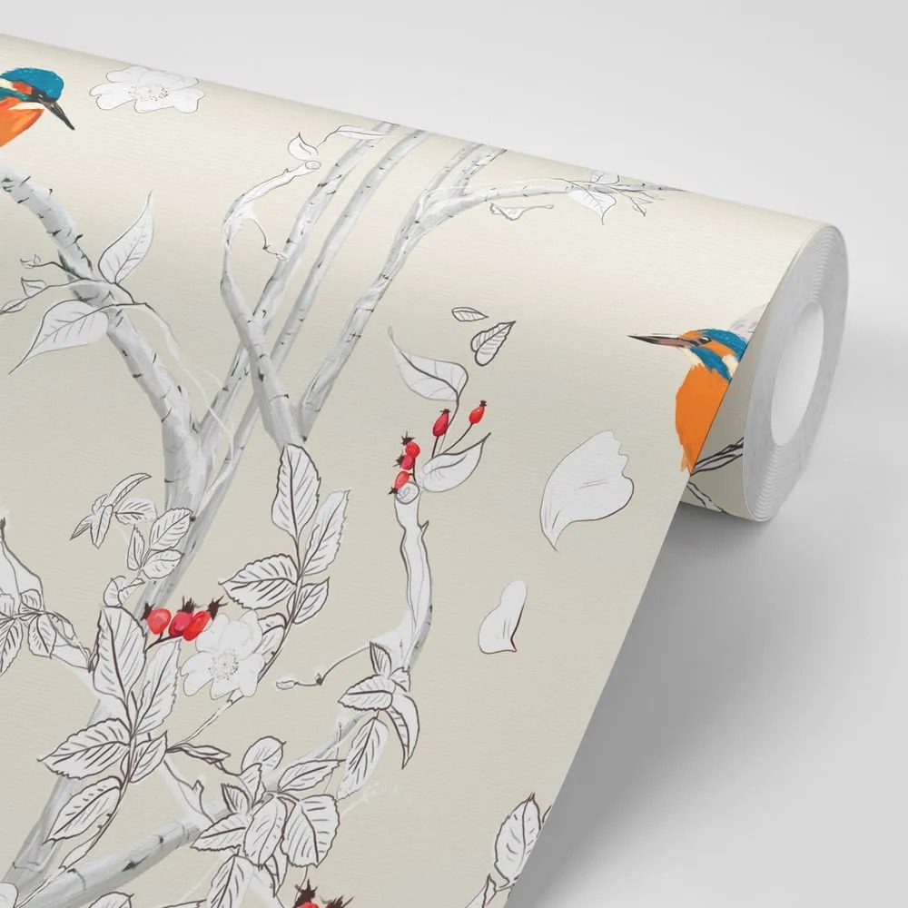 Carta da parati autoadesiva – Uccellini nella foresta densa con sfondo beige