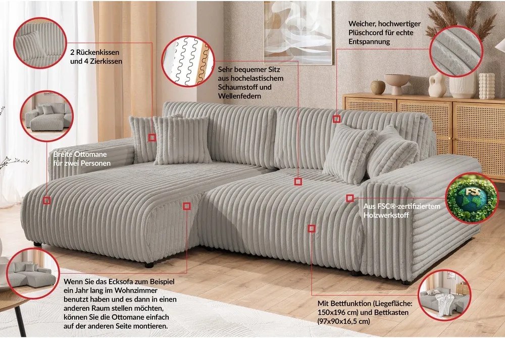 Divano angolare con penisola a sinistra grigio chiaro e rivestimento in velluto a coste allungabile e con contenitore Sarina – Ropez