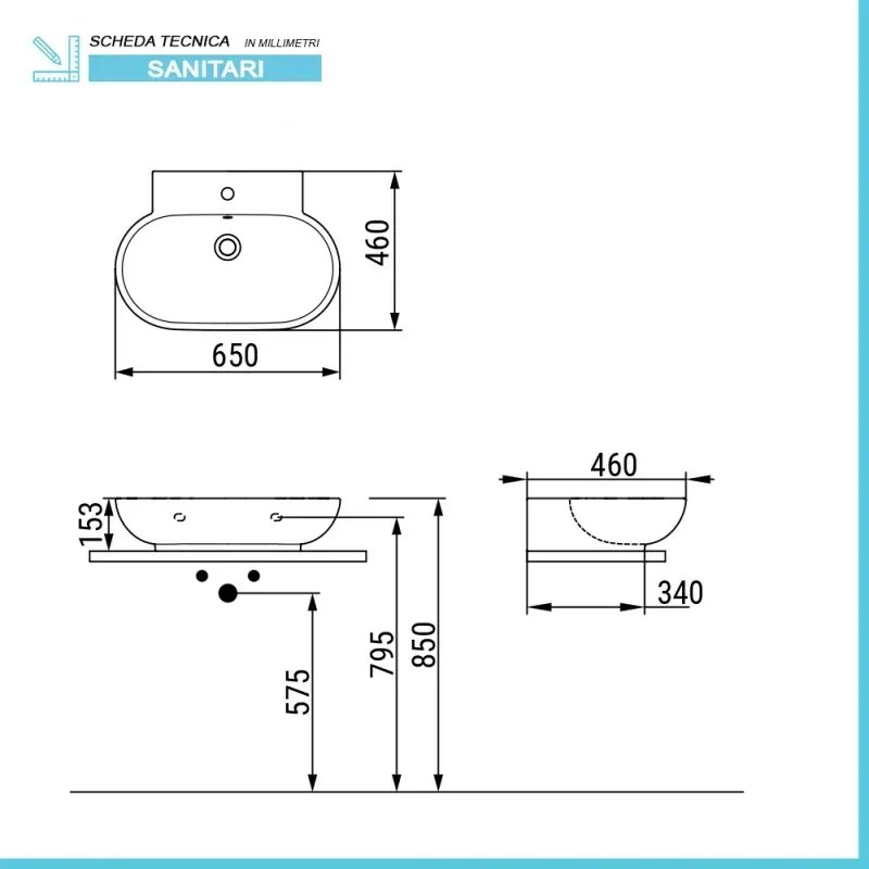 Lavabo da appoggio 65 cm linea Mirto con piletta click clack inclusa
