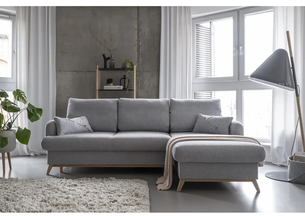 Divano angolare grigio chiaro allungabile/con contenitore (con penisola a destra/con chaise lounge) Scandic Lagom – Miuform