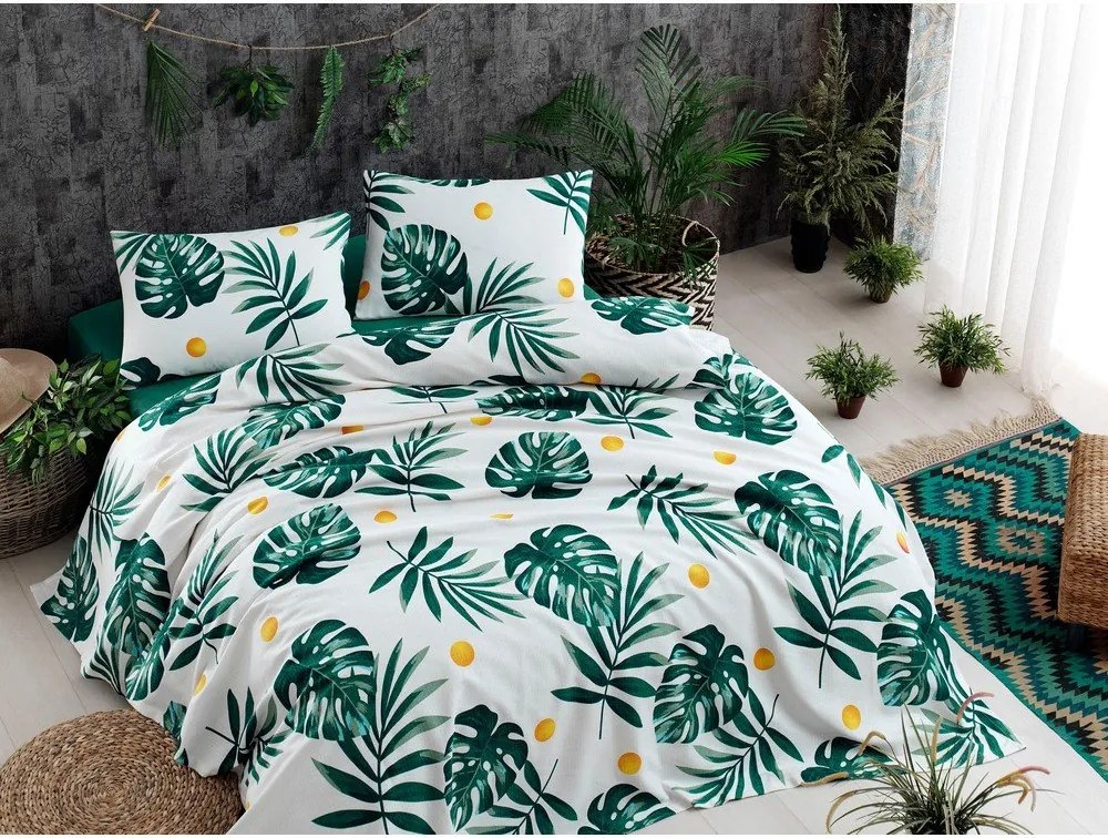 Set con copriletto e federa bianco/verde con rivestimento trapuntato 200x220 cm Kapitone Monstera – Mijolnir