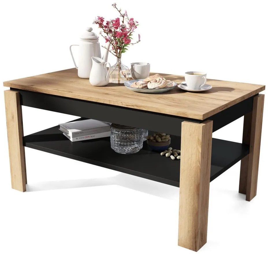 Tavolino pieghevole con piano sollevabile con mensola ADEN quercia/nero