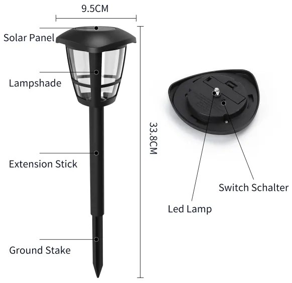 Aigostar - Confezione da 12 lampade solari a LED 0,06 W / 2 V, 33,8 cm, 6500K, IP44, nero
