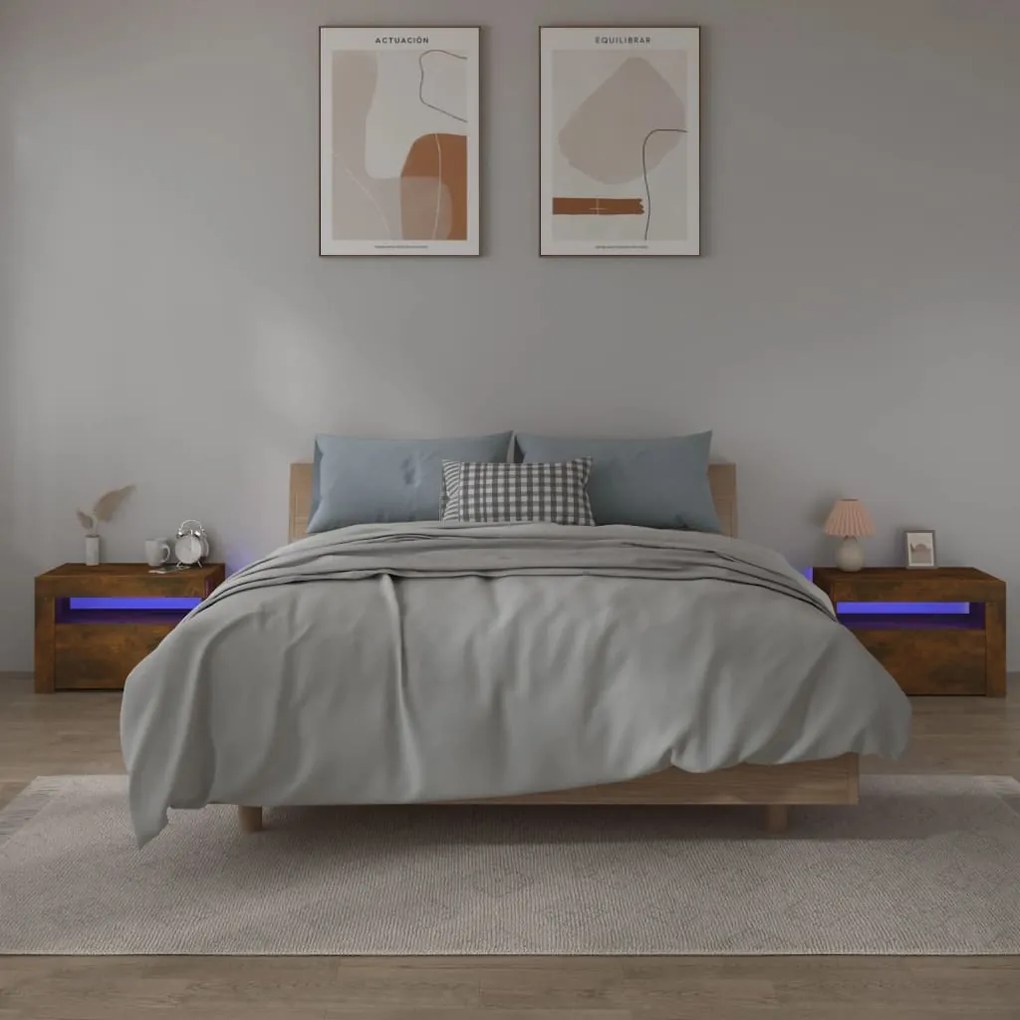 Comodini 2 Pz Con Luci Led Rovere Fumo 60x35x40 Cm /