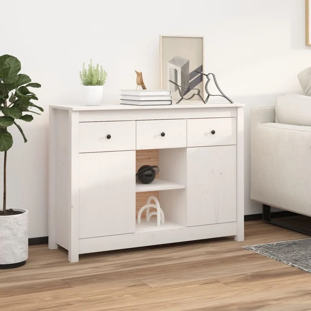 Credenza Bianca 100x35x74,5 Cm İn Legno Massello Di Pino /